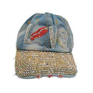 Rhinestone Love Denim Baseball Cap Trucker Hat Distressed Hip Hop Style Jeans OS